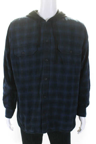 Vince Mens Blue Cotton Plaid Hooded Long Sleeve Button Down Shirt Size XL