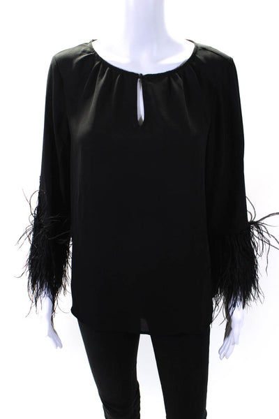 Vince Camuto Womens Long Sleeve Feather Trim Keyhole Shirt Black Size Small