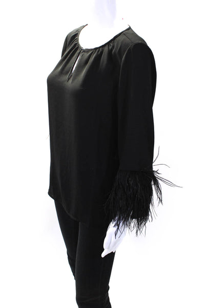 Vince Camuto Womens Long Sleeve Feather Trim Keyhole Shirt Black Size Small