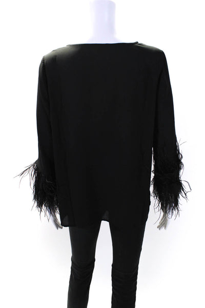 Vince Camuto Womens Long Sleeve Feather Trim Keyhole Shirt Black Size Small