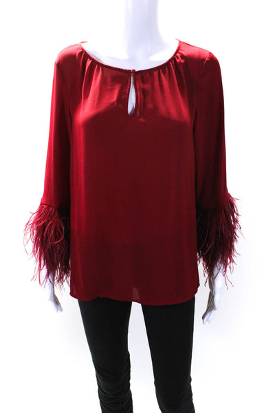 Vince Womens Long Sleeve Keyhole Feather Trim Shirt Red Size Small