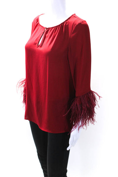 Vince Womens Long Sleeve Keyhole Feather Trim Shirt Red Size Small