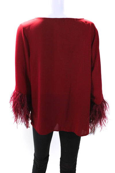 Vince Womens Long Sleeve Keyhole Feather Trim Shirt Red Size Small