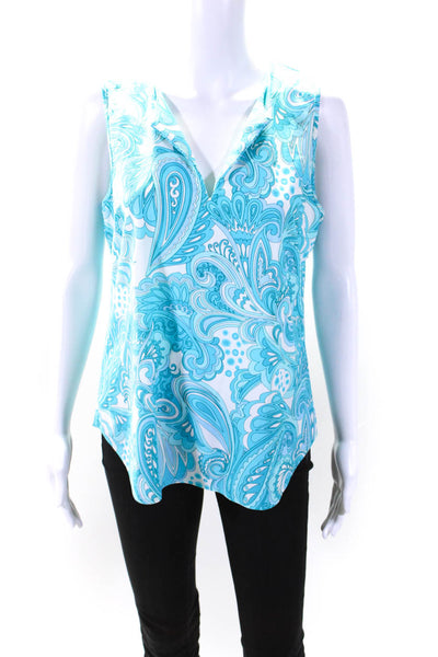 Jude Connally Womens Sleeveless V Neck Printed Top White Blue Size Large