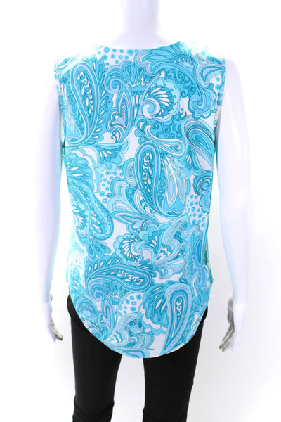 Jude Connally Womens Sleeveless V Neck Printed Top White Blue Size Large