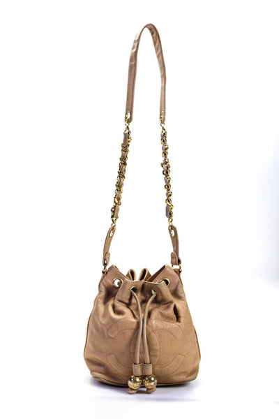 Chanel Womens Leather Logo Gold Tone Bucket Drawstring Shoulder Handbag Beige