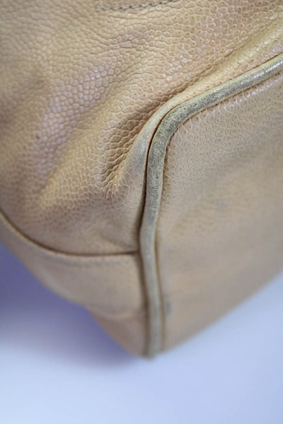 Chanel Womens Leather Logo Gold Tone Bucket Drawstring Shoulder Handbag Beige