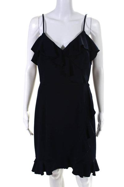 Trina Turk Womens Ruffled V Neck Sleeveless A Line Dress Navy Blue Size 8