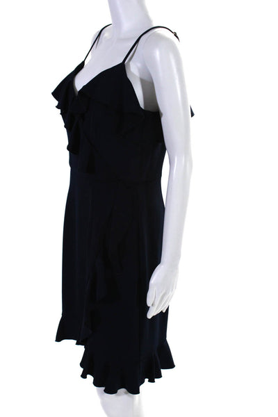 Trina Turk Womens Ruffled V Neck Sleeveless A Line Dress Navy Blue Size 8