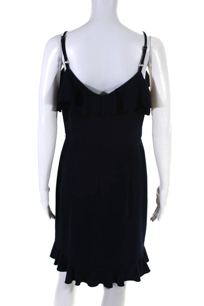 Trina Turk Womens Ruffled V Neck Sleeveless A Line Dress Navy Blue Size 8