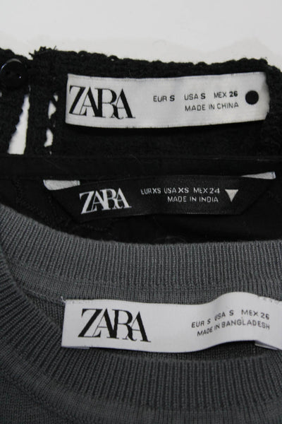Zara Womens Eyelet Lace Long Sleeve Scallop V Neck Blouse Black Size XS S Lot 3
