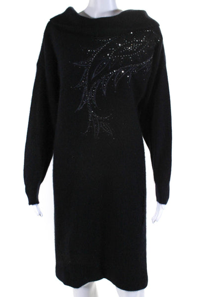 Bob Mackie Women Wool Knit Rhinestone Leaf Turtleneck Sweater Dress Black Size M