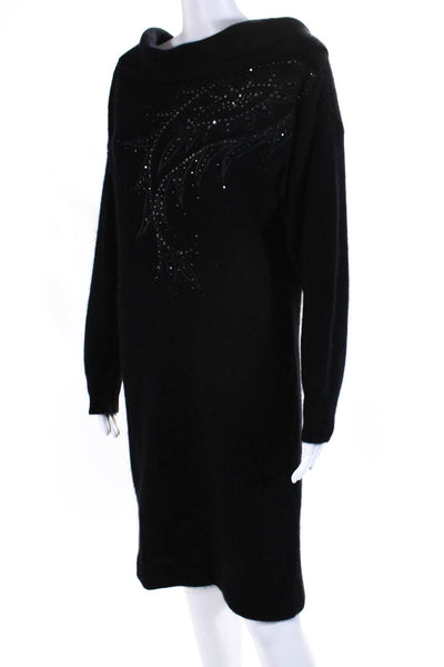 Bob Mackie Women Wool Knit Rhinestone Leaf Turtleneck Sweater Dress Black Size M