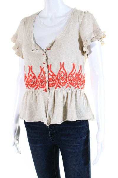 Moth Womens Cotton Knit Floral Embroidered Button Down Knit Top Beige Size L