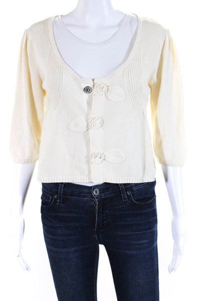 LiaMolly Womens Cotton Tight Knit Rose Accent Crop Sweater Cardigan Cream Size M