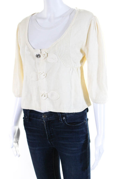 LiaMolly Womens Cotton Tight Knit Rose Accent Crop Sweater Cardigan Cream Size M