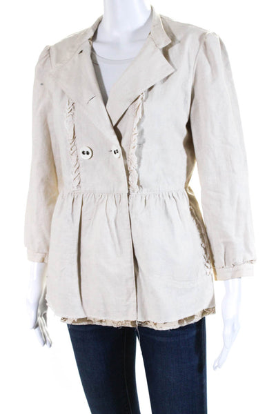 Paper Denim + Cloth Womens Ruffled Trim Double Breasted Jacket Beige Size 2