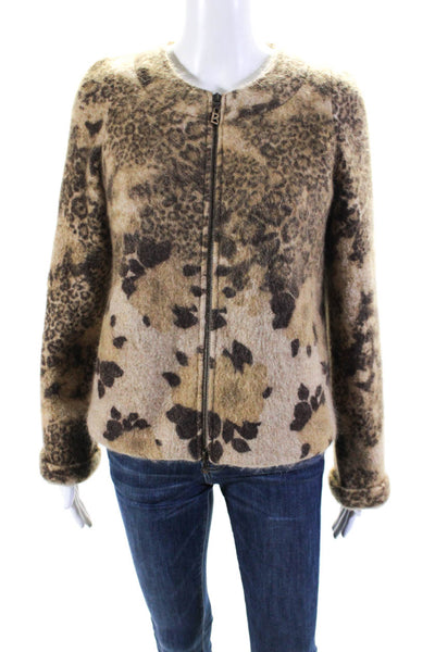 Sonia Bogner Womens Animal Print Full Zipper Jacket Brown Wool Size 8