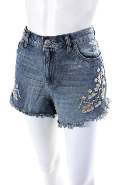 Free People Womens Embroidered Raw Hem Cutoff Denim Shorts Blue Size 30