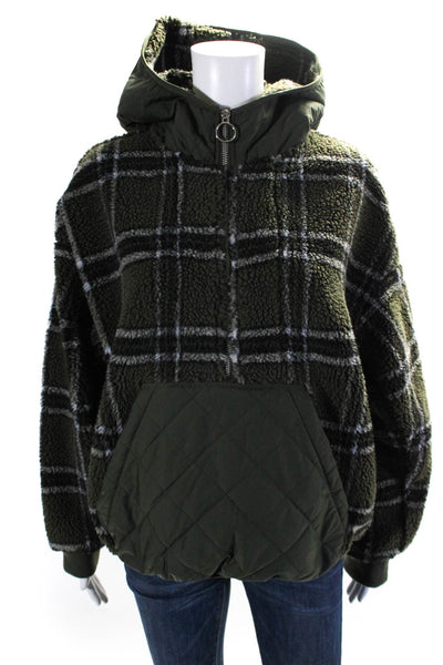 Zara Womens Plaid Fleece Half Zip Quilted Pullover Hoodie Green Size L