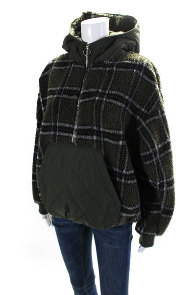 Zara Womens Plaid Fleece Half Zip Quilted Pullover Hoodie Green Size L