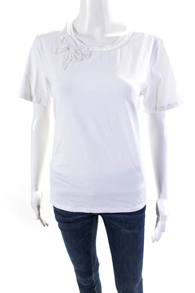 Leo & Ugo Womens Round Neck Pearled Trimmed Bow Tied Blouse Top White Size 3