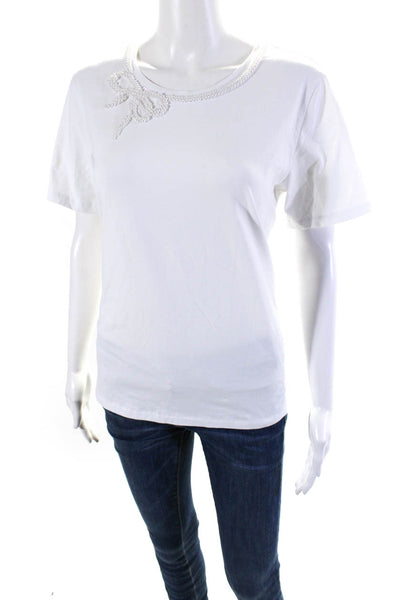 Leo & Ugo Womens Round Neck Pearled Trimmed Bow Tied Blouse Top White Size 3