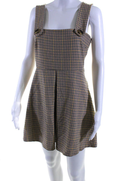 Zara Womens Houndstooth Print Pleated Button Zip Fit & Flare Dress Brown Size S