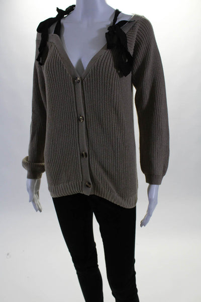 Lumier Womens Ribbed Textured Knitted Buttoned Bow Tied Cardigan Brown Size S