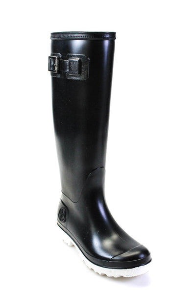 Moncler Womens Slip On Block Heel Side Logo Rubber Knee High Rainboots Black 36