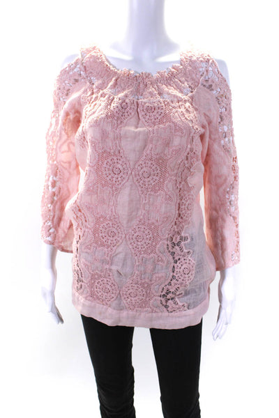 Temptation Positano Womens Cold Shoulder Lace Top Blouse Pink Linen Size XS