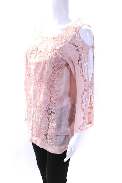 Temptation Positano Womens Cold Shoulder Lace Top Blouse Pink Linen Size XS