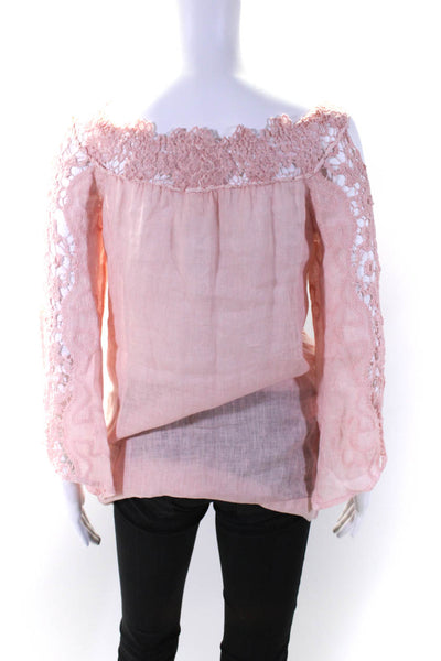 Temptation Positano Womens Cold Shoulder Lace Top Blouse Pink Linen Size XS