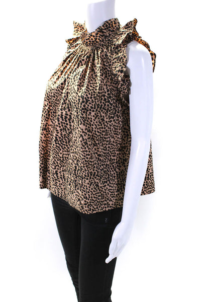 Ulla Johnson Womens Flutter Sleeve Poplin Cheetah Print Top Blouse Brown Size 2