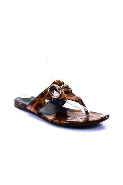 Gucci Womens Tortoiseshell Print Horsebit Flat Thong Sandals Brown Patent 6.5