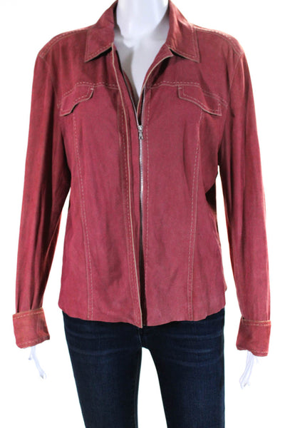 Elie Tahari Womens Faded Red Leather Collar Full Zip Long Sleeve Jacket Size L