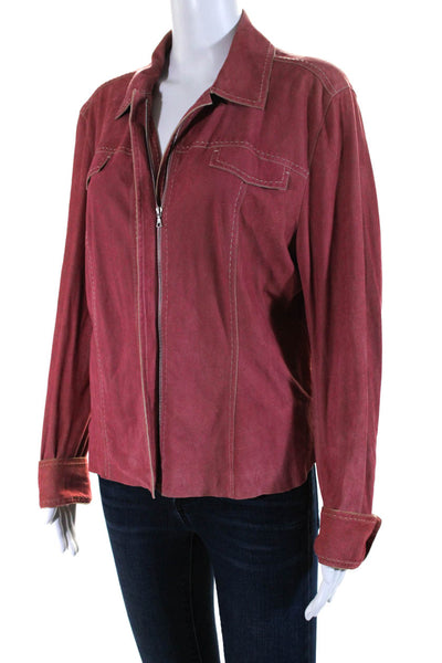 Elie Tahari Womens Faded Red Leather Collar Full Zip Long Sleeve Jacket Size L