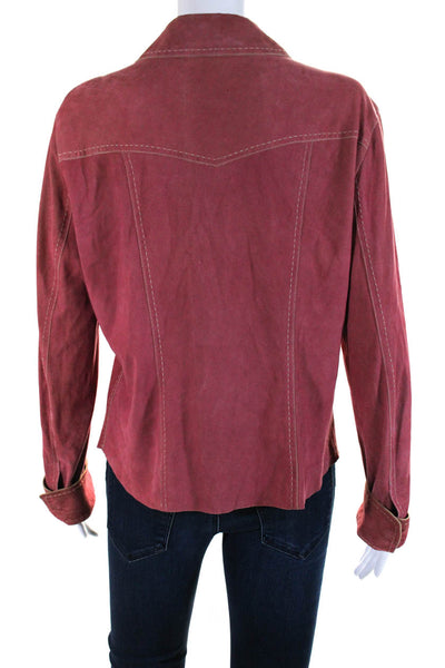 Elie Tahari Womens Faded Red Leather Collar Full Zip Long Sleeve Jacket Size L