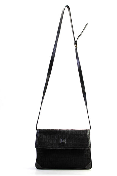 Fendi Womens Black Leather Logo Monogram Flap Shoulder Bag Handbag