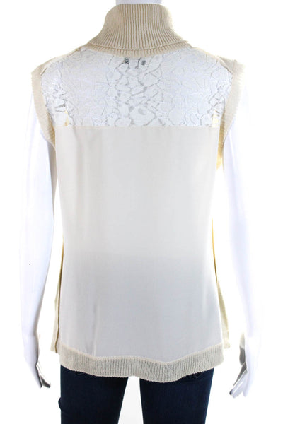 Nina Ricci Womens Sleeveless Sheer Lace Trim Cashmere Knit Top White Size Large