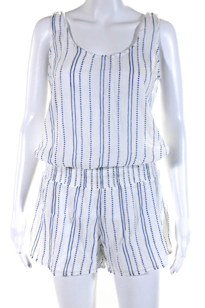 Soft Joie Womens Sleeveless Scoop Neck Smocked Striped Romper White Blue Medium