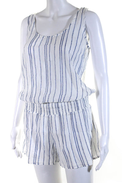 Soft Joie Womens Sleeveless Scoop Neck Smocked Striped Romper White Blue Medium