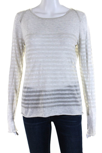 Tory Burch Womens Long Sleeve Scoop Neck Striped Knit Shirt Gray Size Small