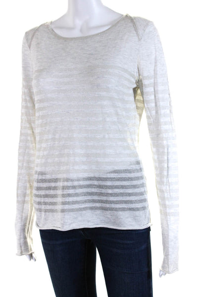 Tory Burch Womens Long Sleeve Scoop Neck Striped Knit Shirt Gray Size Small