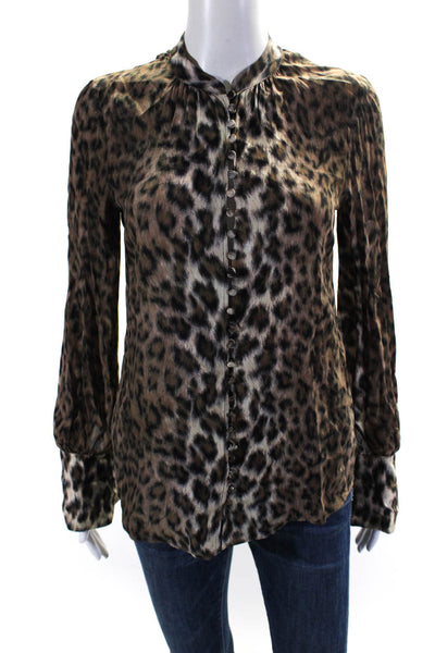 Joie Womens Animal Print Buttoned Cuffed Long Sleeve Blouse Top Brown Size 2XS