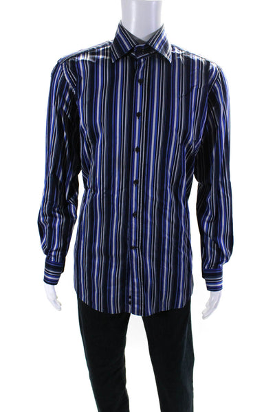 Etro Milano Mens Blue Striped Collar Long Sleeve Button Down Dress Shirt Size 42