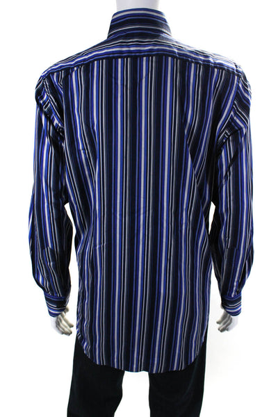 Etro Milano Mens Blue Striped Collar Long Sleeve Button Down Dress Shirt Size 42
