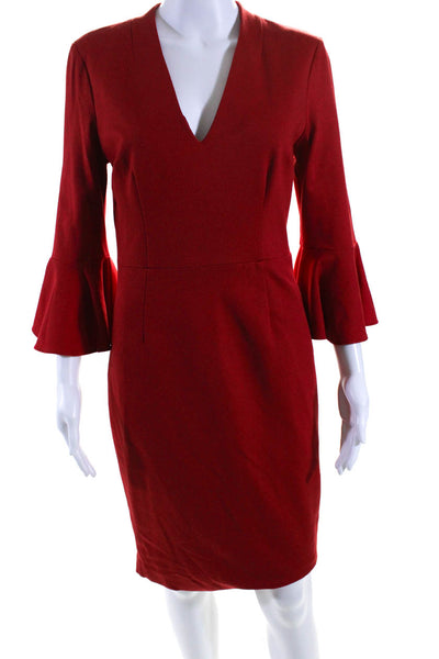 Trina Turk Womens Bell Sleeve V Neck Ponte Sheath Dress Red Size 6