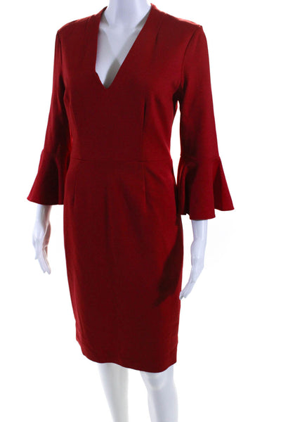 Trina Turk Womens Bell Sleeve V Neck Ponte Sheath Dress Red Size 6