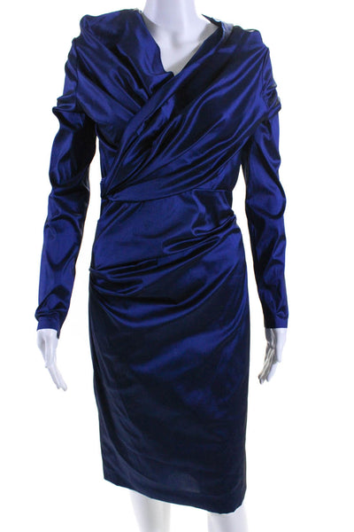 Talbot Runhof Womens Long Sleeve Taffeta Surplice Midi Sheath Dress Blue Size 8